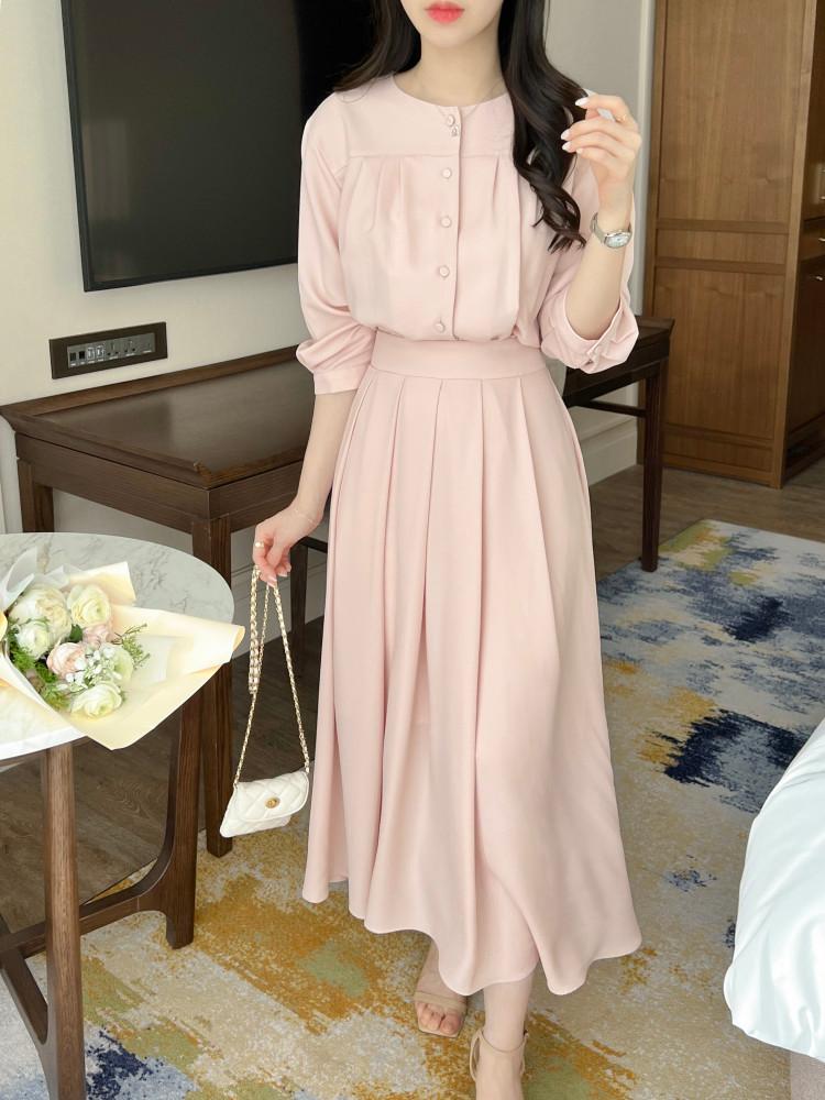 로아 버튼 셔링 플레어 원피스 2color