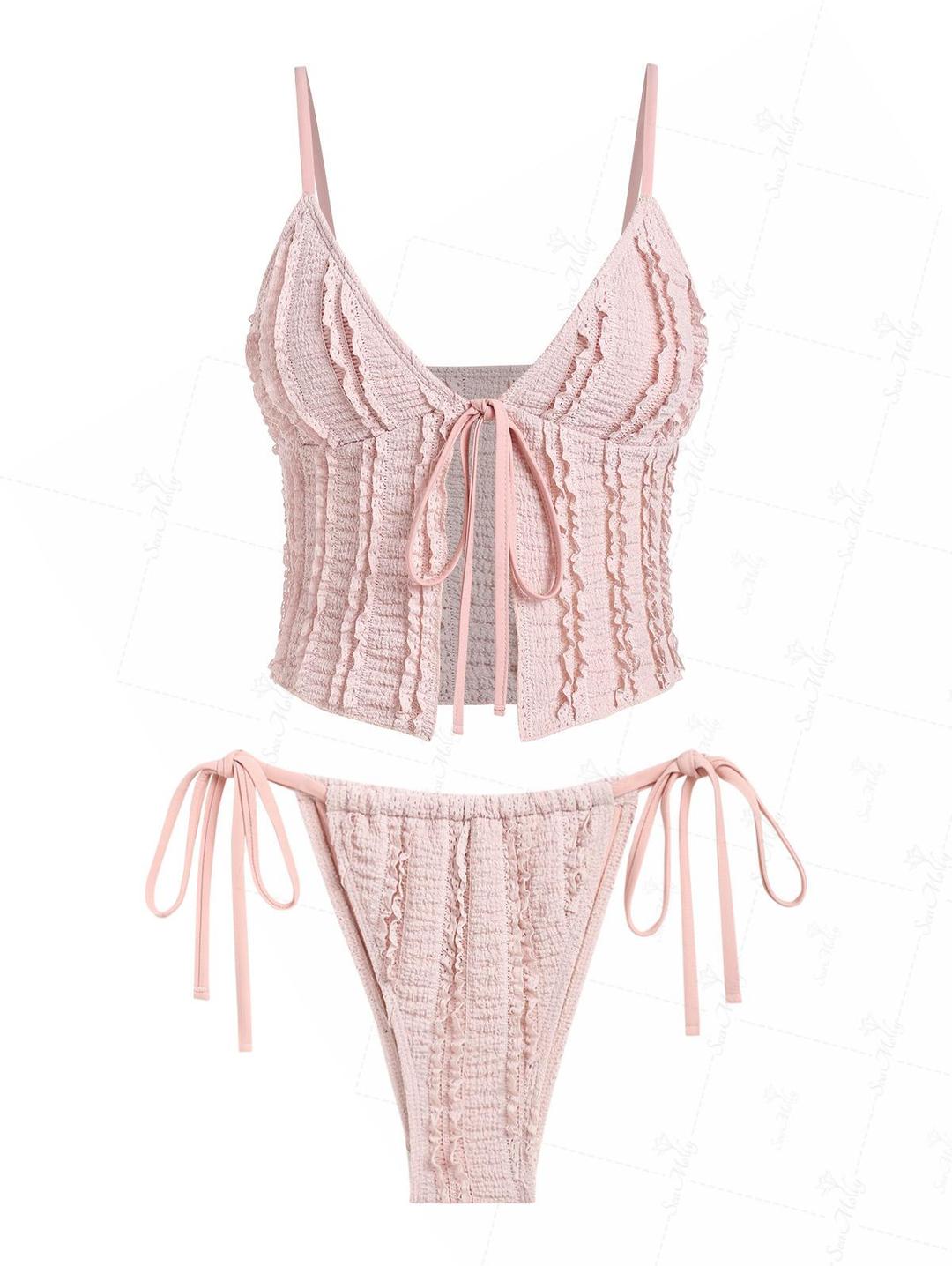 Seamolly Ruffled Trim Textured Tie Side Tankini Set