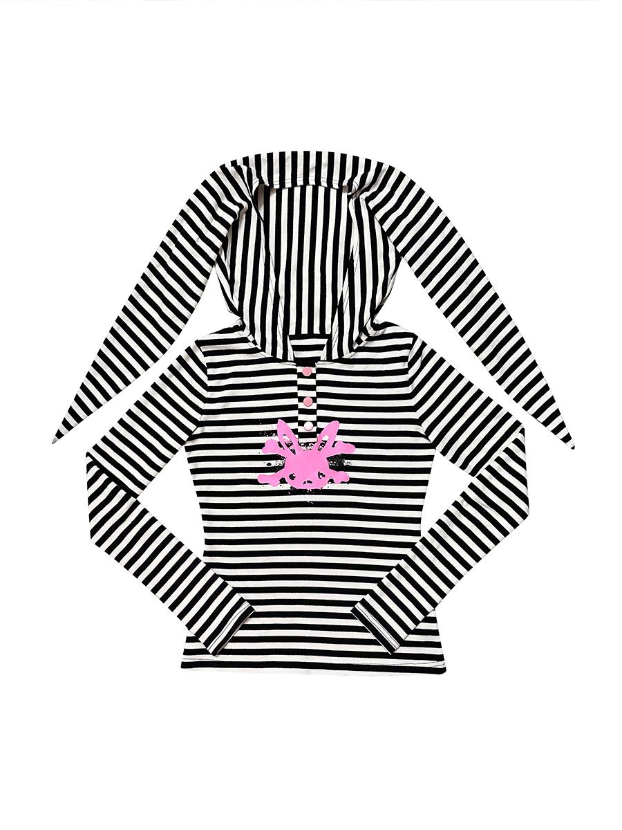 Rabbit Skull Printed Rabbit Ears Stripe T-Shirt