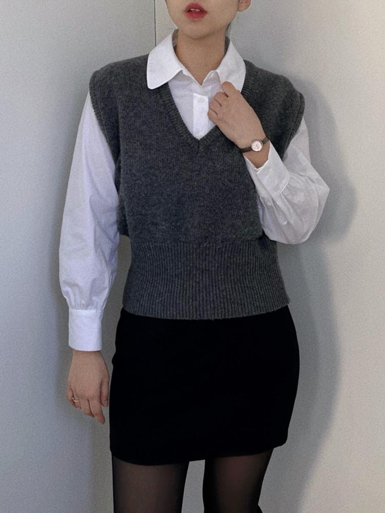 글래버 아이비 브이넥 레이어드 울 조끼