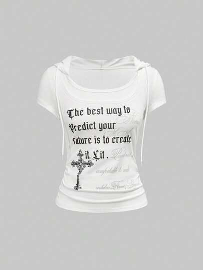 ROMWE Grunge Punk Y2K 황무지 스타일 레트로 아메리칸 스트리트 프린트 반팔 후드 티셔츠