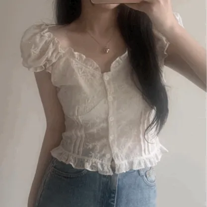 [여리핏] 로즈 프릴 레이스 반팔 블라우스