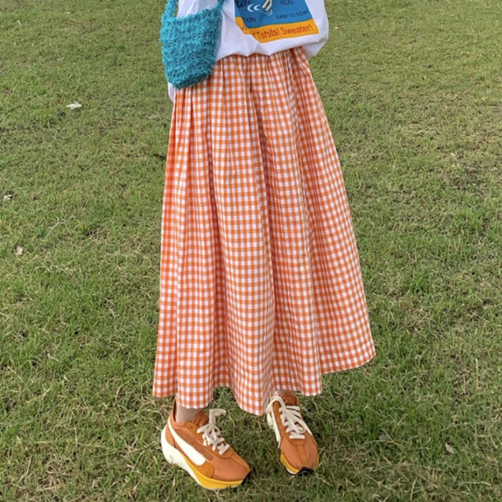파파리 체크 롱 스커트 봄 여름 나염 배색 플레어 플리츠 셔링 밴딩 A라인
