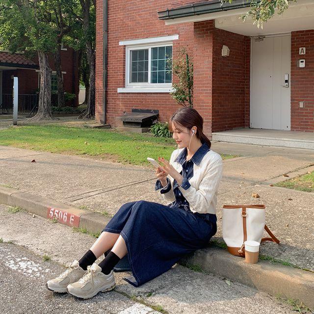 [데일리/청청룩] 난스판 진청 데님 스티치 허리 스트랩 끈 셔츠 롱 원피스/트립데님셔츠롱원피스