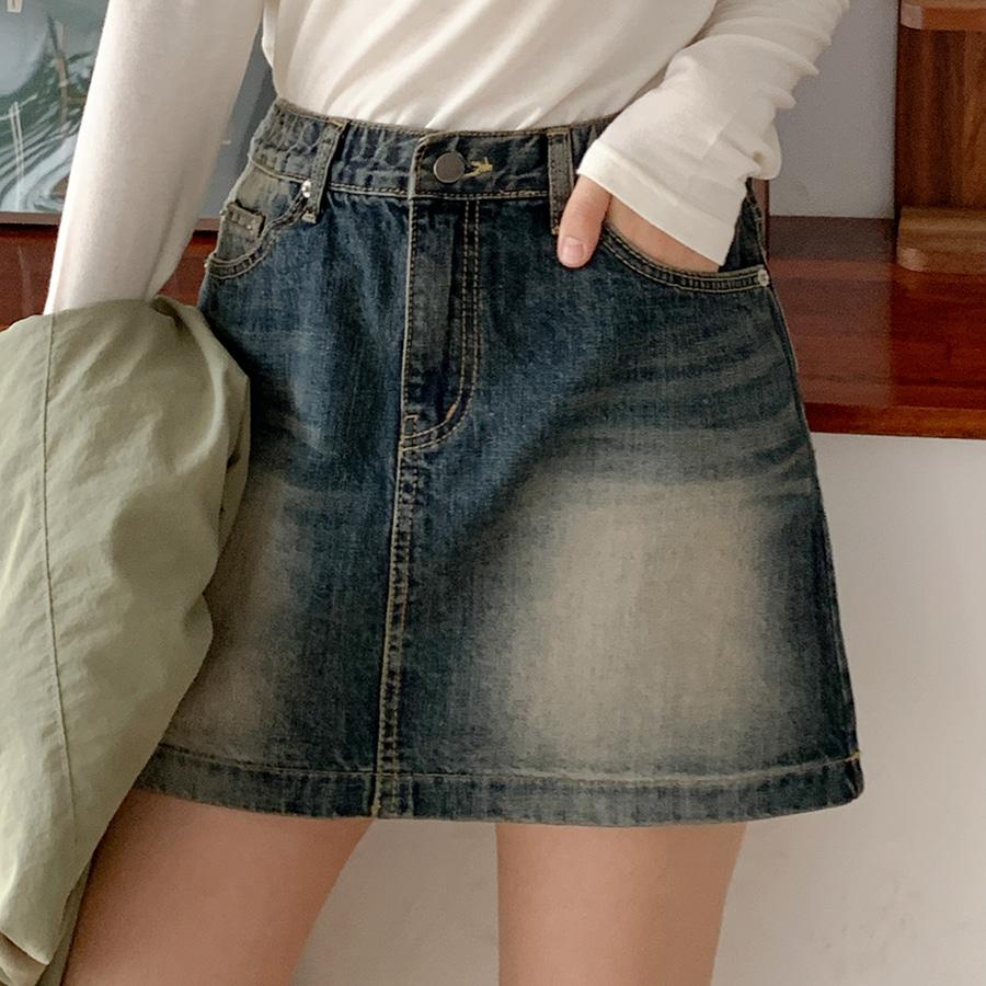 커버로우 워싱 데님스커트