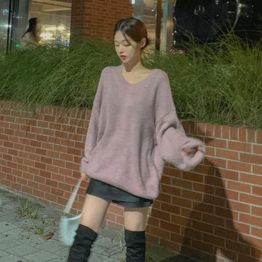 무배🚀 [심쿵여리💓폭닥] 오버핏 알파카 울 앙고라 벌룬 퍼프 루즈핏 브이넥 뽀글이 니트 미니 원피스 아이보리 베이지 소라 차콜 핑크