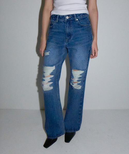 DAMAGE BOOTSCUT DENIM PANTS MEDIUM BLUE