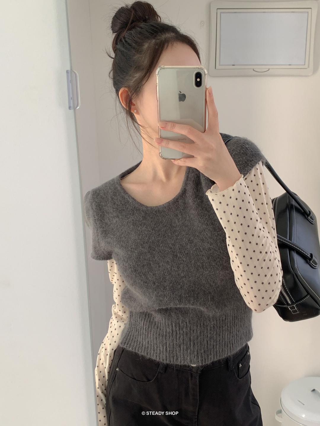 스테디 [당일출고/삿포로/헤어리] 아난 앙고라니트 반팔니트 니트 (5colors) 직진