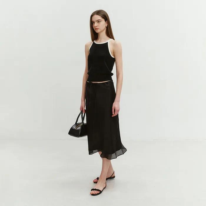 LAYERED SATIN SKIRT BLACK_UDSK4B222BK