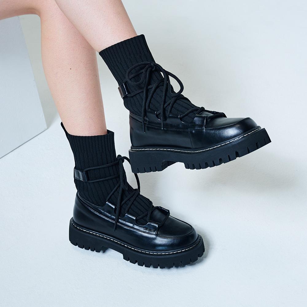 [★이세영 착용]레이스업 청키솔 니트 삭스 부츠 412346016 (4cm/2colors)