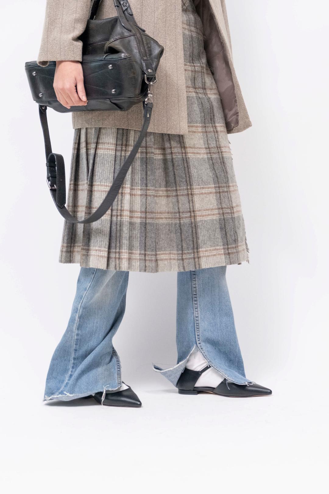 Wool check fringe wrap skirt