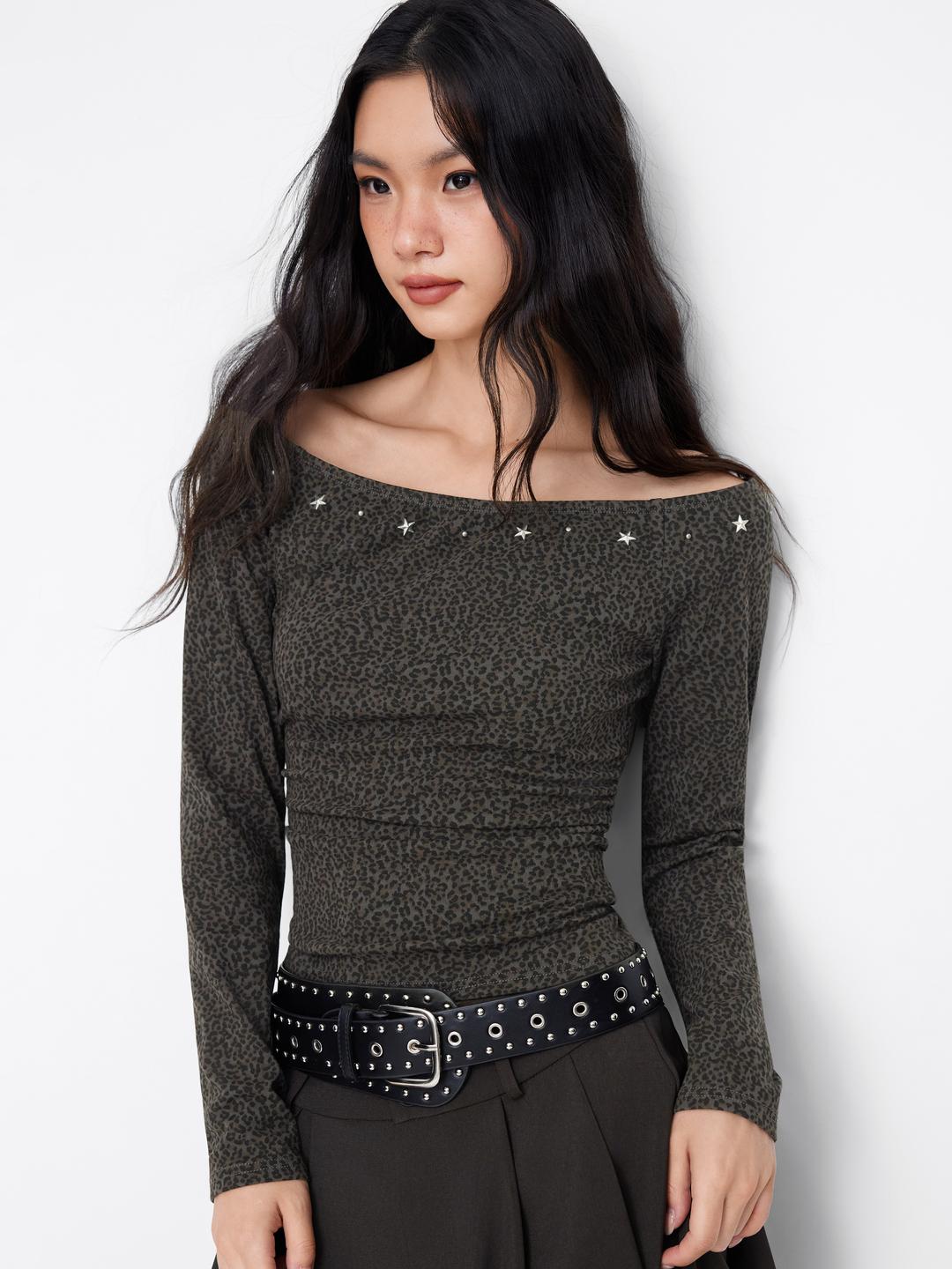 Cotton-blend Leopard Off-shoulder Long Sleeve Star Metal Detail Ruched Top