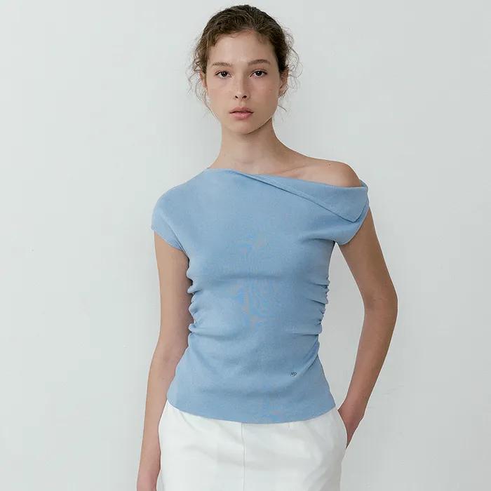 Shirring drop sleeveless knit (sky blue)