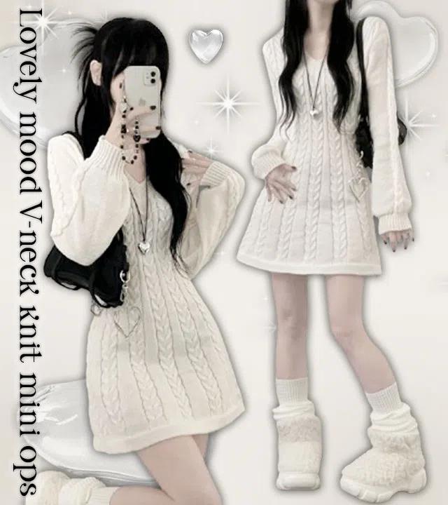 [러블리/연말룩-]딥브이넥꽈배기니트긴팔미니원피스(4color)