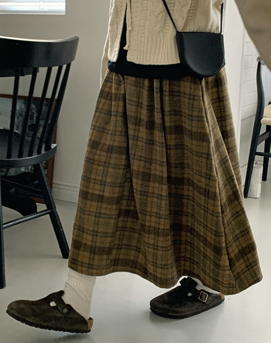 바포리 밴딩 체크 롱 스커트 (2color)