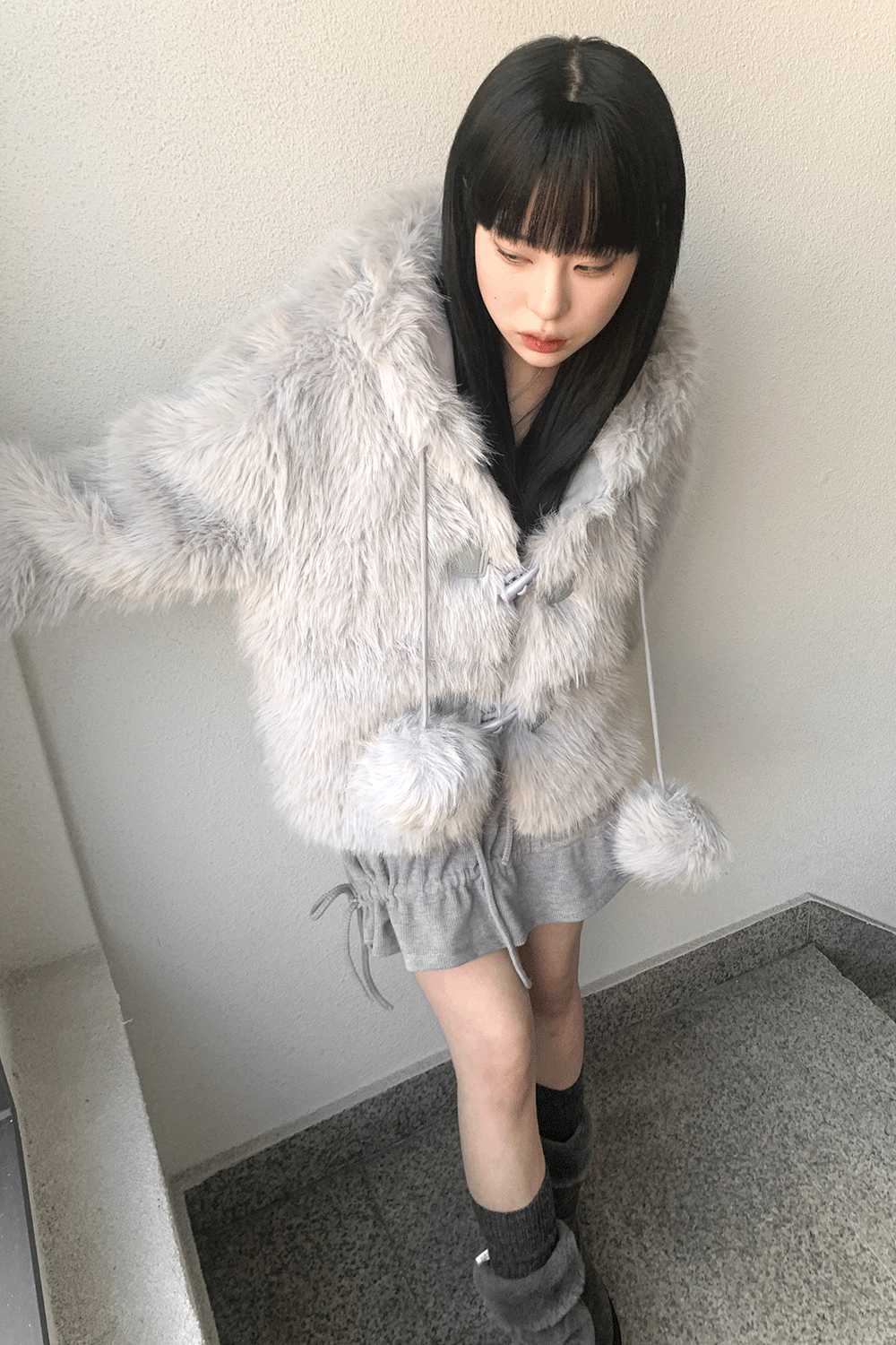 shy hood fur duffle jacket (2colors)