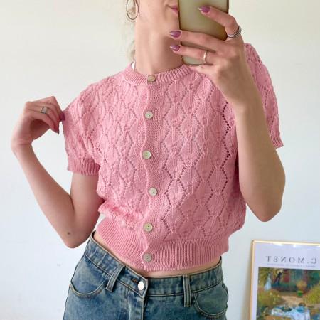 [무배] 데일리 쿨 린넨 펀칭 핑크 크롭 니트 반팔 가디건 5colors