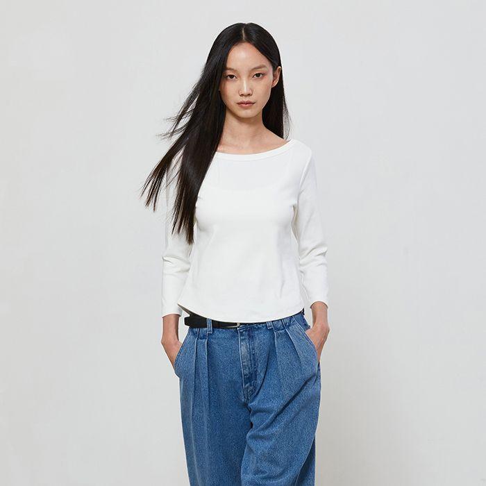 BOAT NECK RIBBED T-SHIRT - IVORY