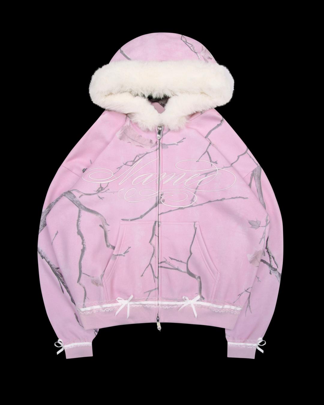 PREY FAUX FUR ZIP HOODIE PINK CAMO - XS