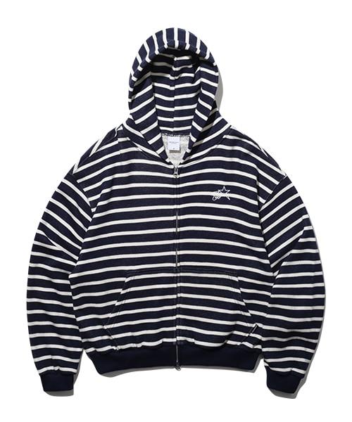 스트라이프 크롭 후드 집업 (네이비)