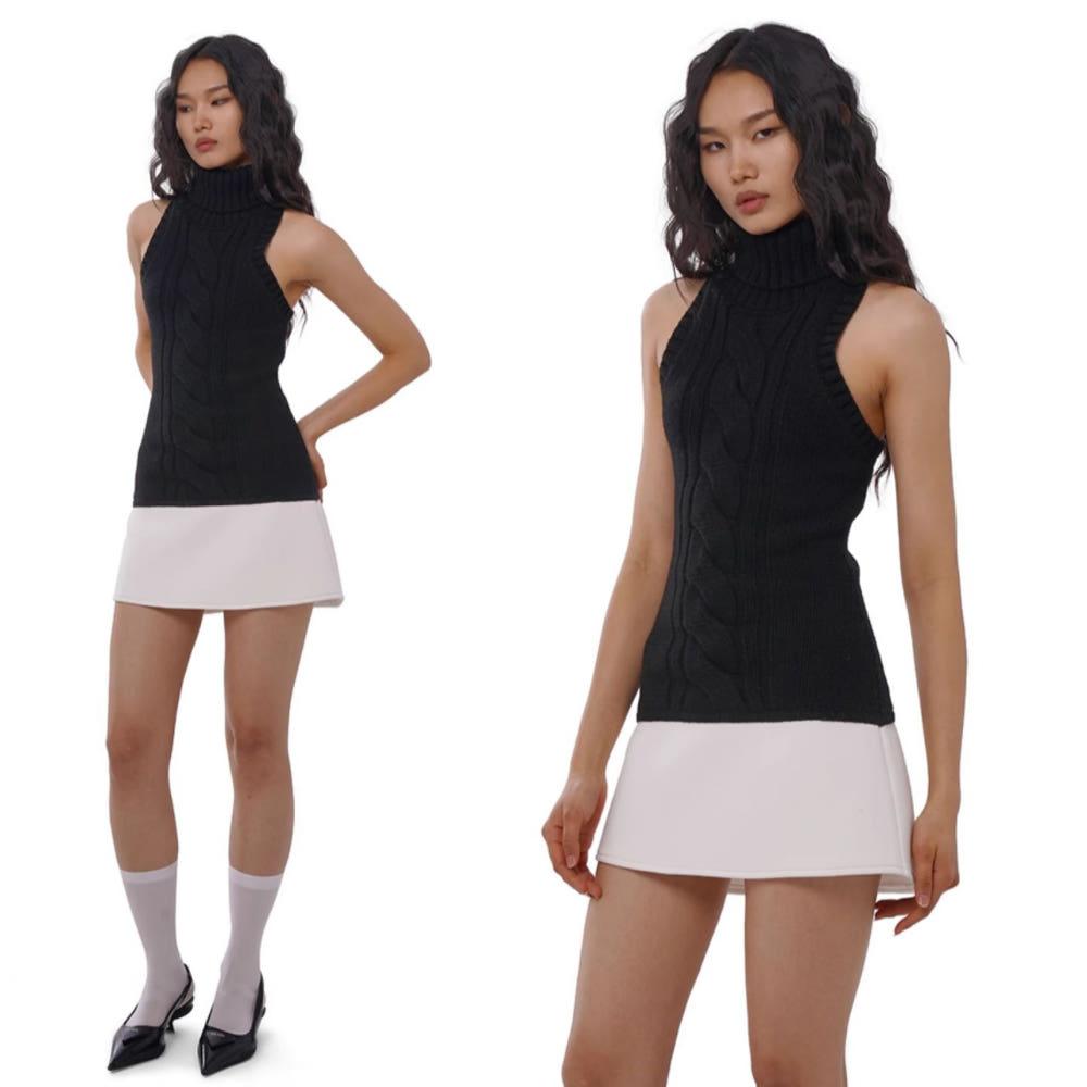 SWEETCHILLING 스위트칠링 원피스 터틀넥 울 스플라이싱 니트 드레스 (블랙)