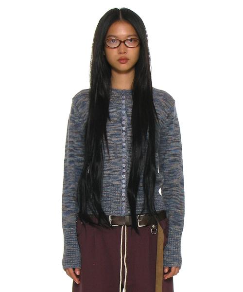 와이드 리브 버튼업 니트 가디건_믹스 네이비