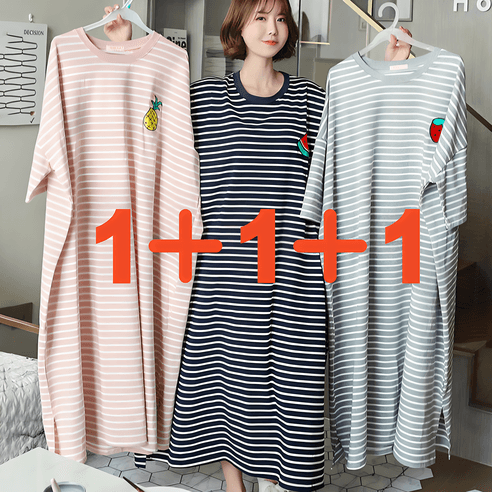 [1+1+1]호잉 스트라이프 반팔 홈웨어 빅사이즈 원피스 잠옷 임산부 파자마 - 잠옷 | 쿠팡