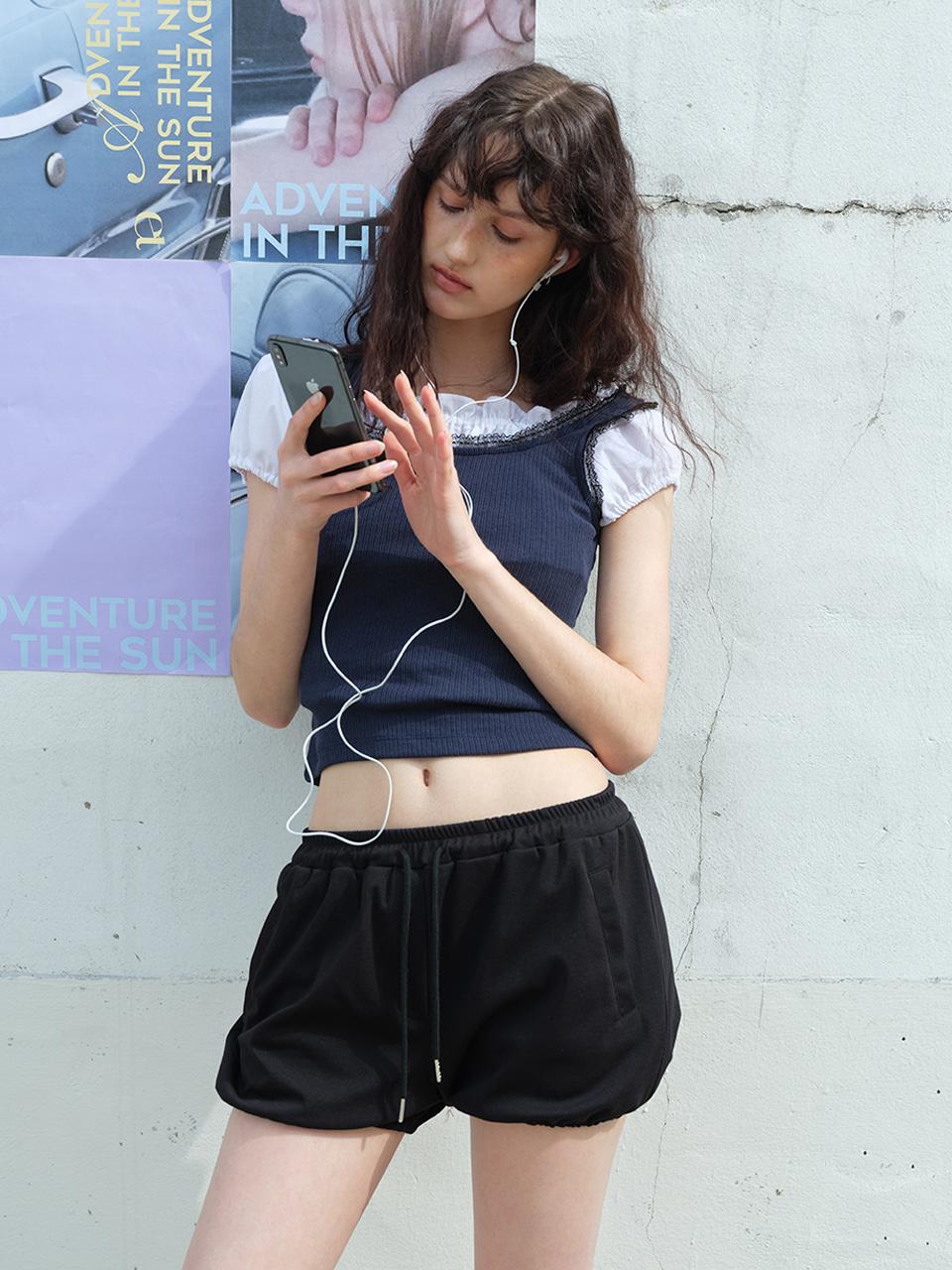 에트몽 Lace Ribbed Sleeveless Top, Navy