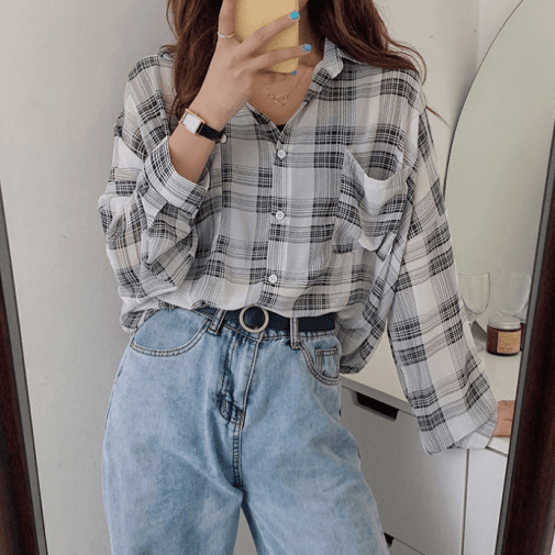 여리 쉬폰 시스루 오버핏 긴팔  체크 남방 셔츠 블라우스
