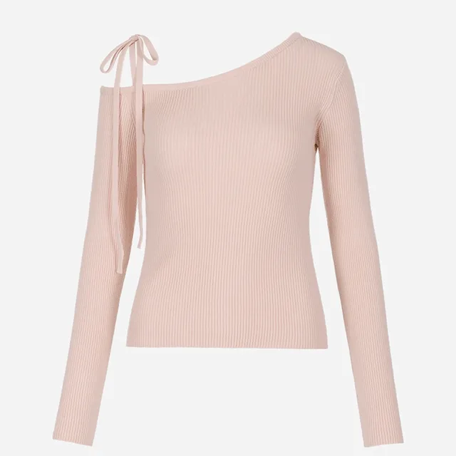 [NEW 신상 기간 한정 할인] RIBBON ONE SHOULDER KNIT 리본 언발 원숄더 오프숄더 니트 발레코어 봄