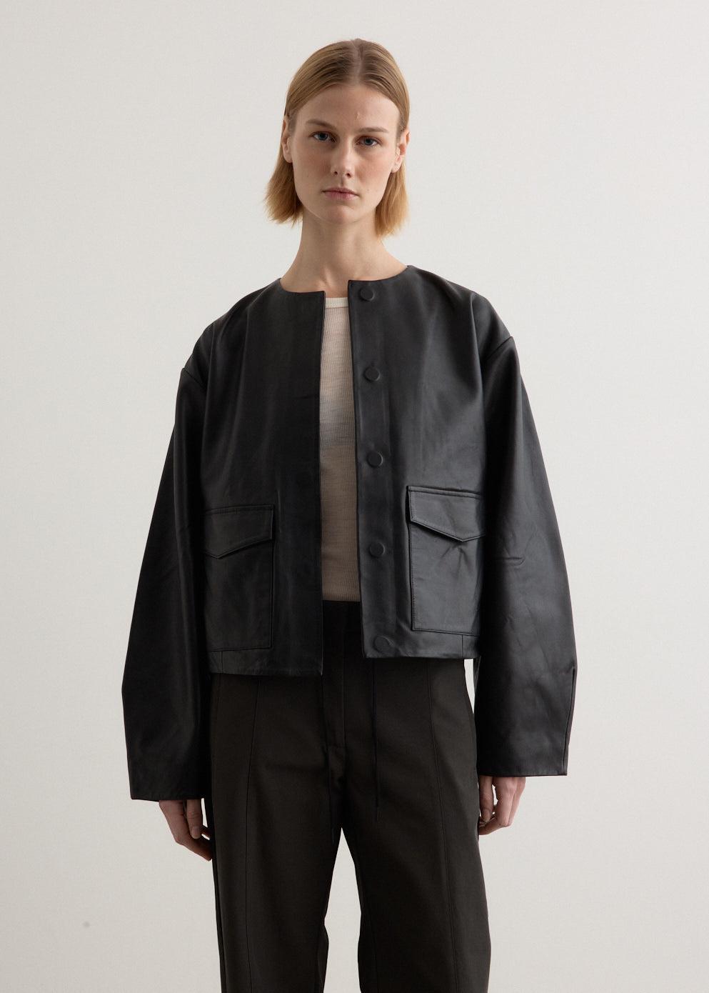 Utility Cocoon Leather Bomber - Black / XL