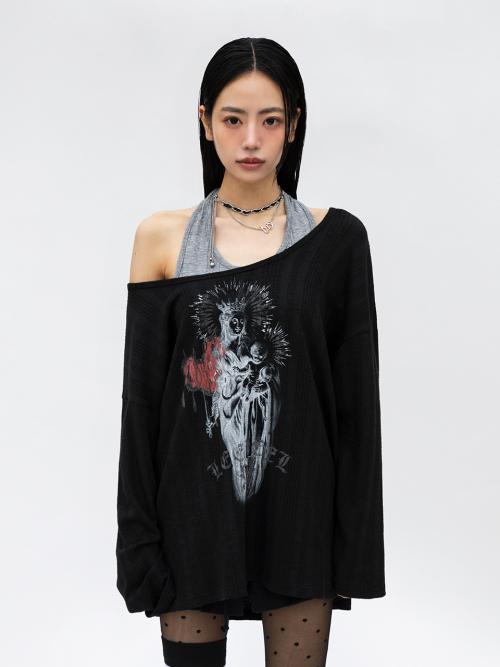 VINTAGE LAYERED OFF-SHOULDER TOP BLACK