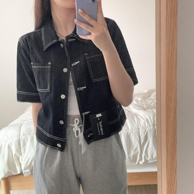 (이염X) 논페이드 반팔 스티치 생지 데님 자켓 - 진청 흑청