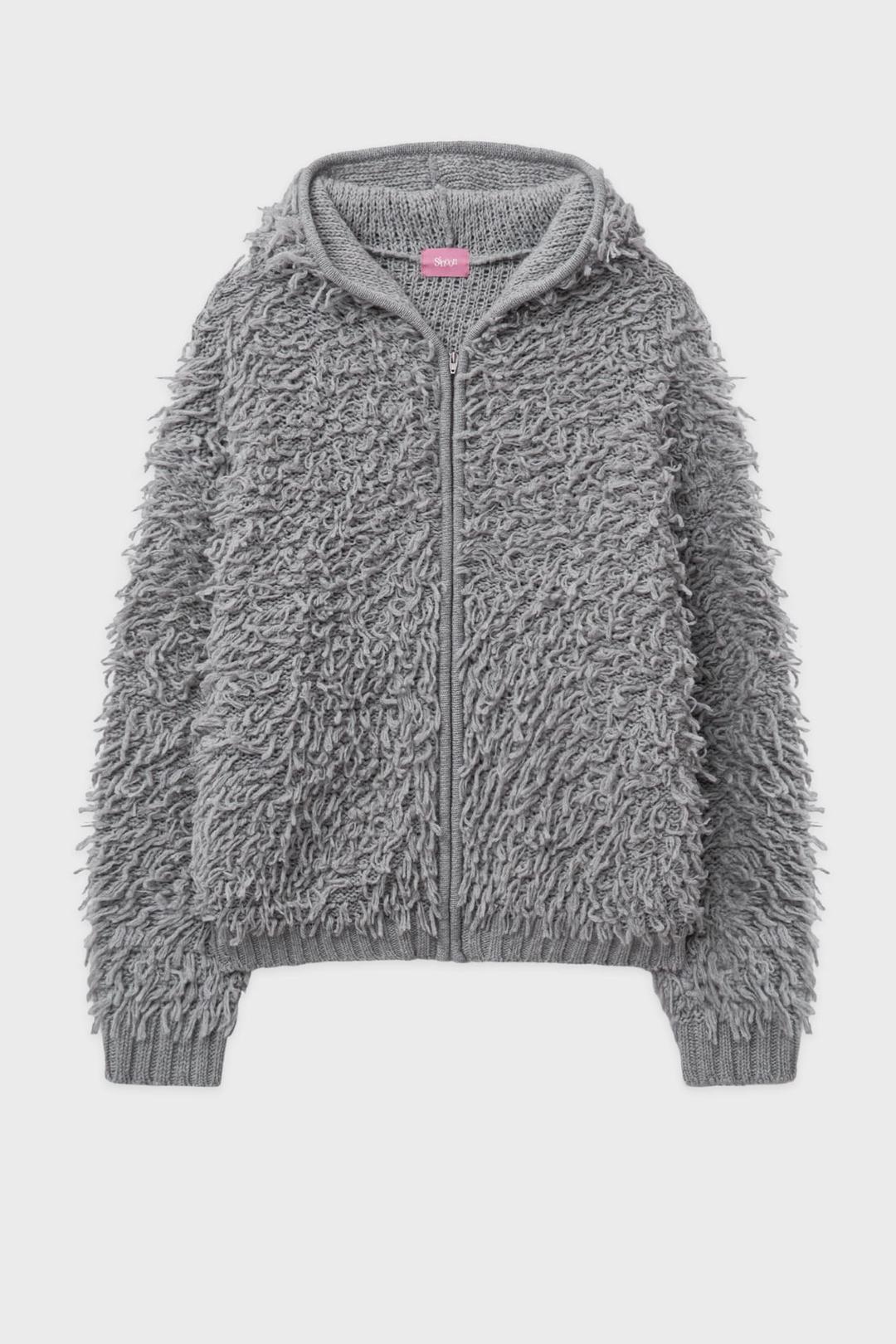 Sinoon Fringe Hooded Knit Zip-up (Melange Grey)