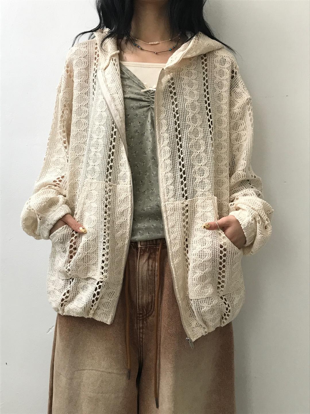 Mash knit hood zip - up