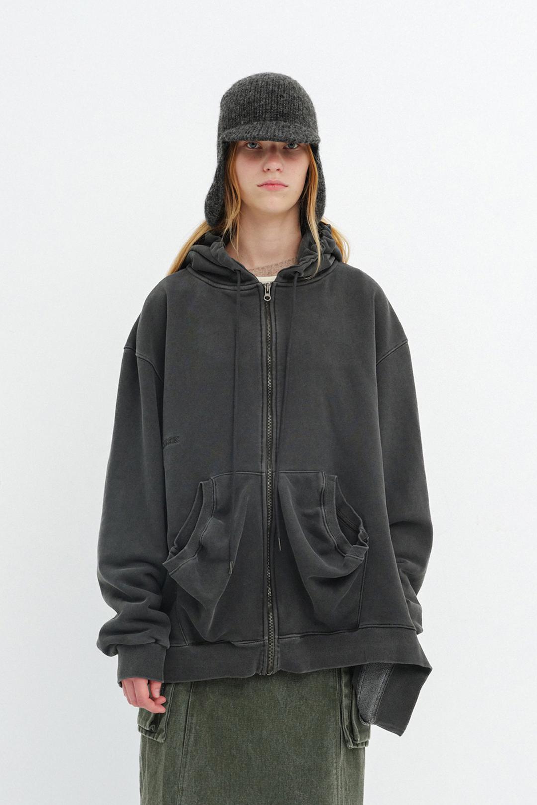 HOLE POINTED HOODIE ZIP UP / CHARCOAL
