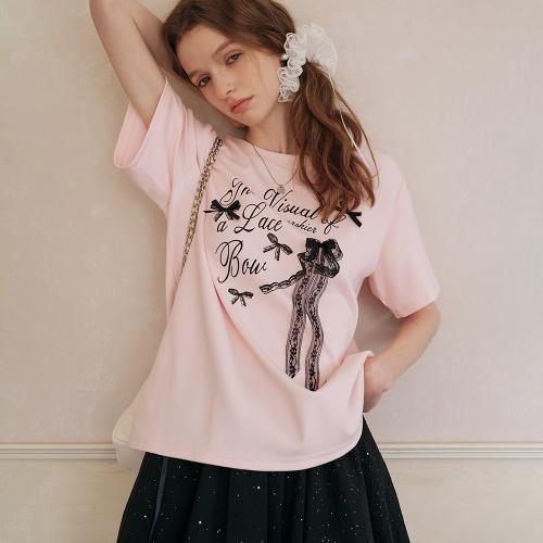 Cest_Lace bow lettering short sleeve top