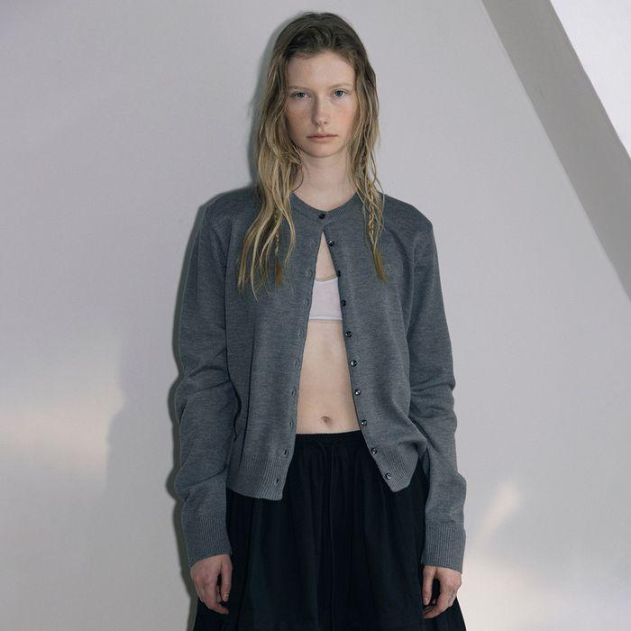 BASIC ROUND LONGSLEEVE CARDIGAN, GRAY