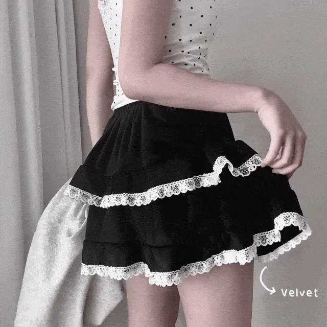 [속바지/벨벳/3color] 겨울코디 필수, 발레코어 레이스 캉캉 벨벳 밴딩 미니스커트