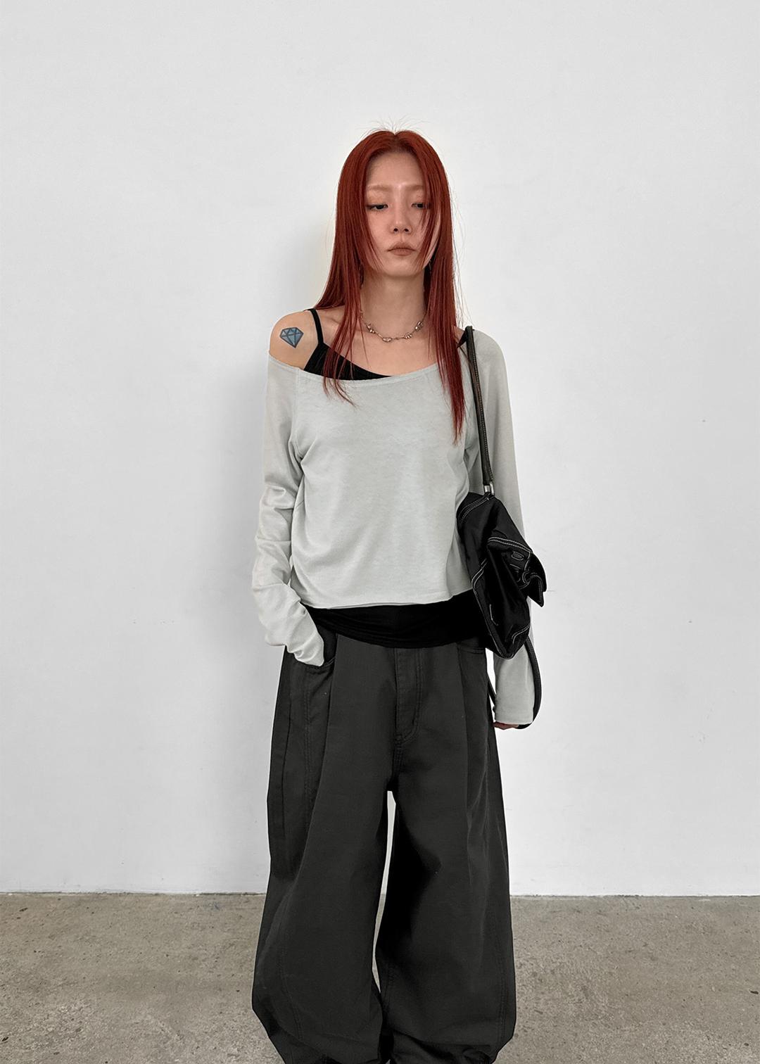 라벨슨 보트넥 세미크롭 긴팔티