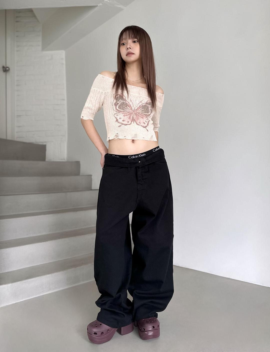 low rise cotton wide black denim pants