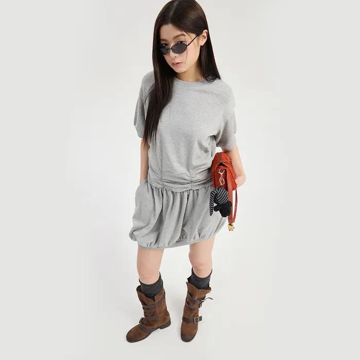 Chouetties by LUCKY CHOUETTE_Unbalance Shirring Short Sleeve Dress (melange grey) LADAX26300GYM