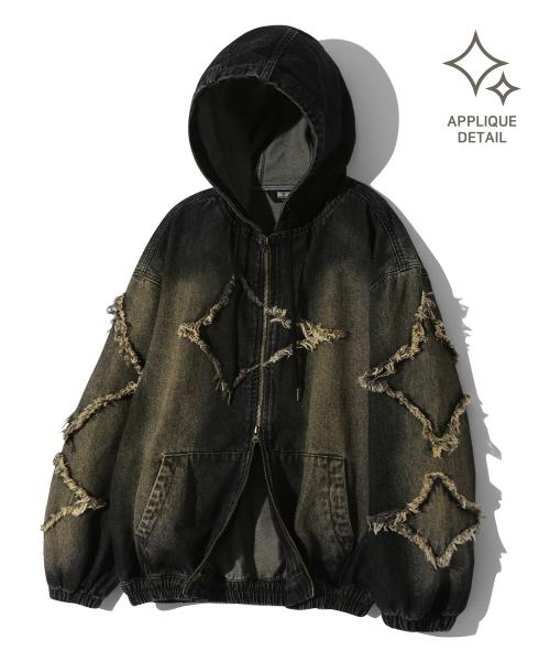스타 아플리케 데미지 워싱 데님 자켓 (YELLOW BLACK)