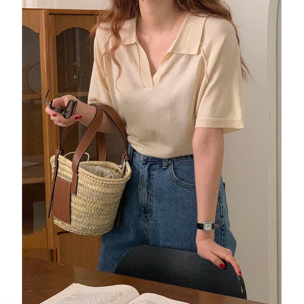 오버무드 여성 브이넥 오픈 카라 노버큰 루즈핏 베이직 컬러  하프 반팔 니트 5color