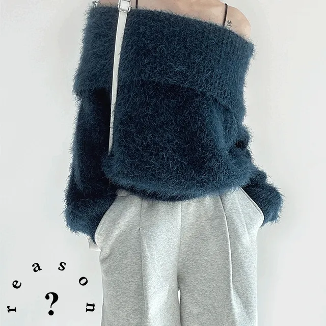 [연말룩 추천] 코지 솔잎 앙고라 오픈숄더 니트 (mint gray - 금요일 순차배송)