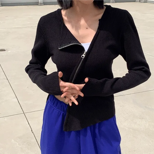 유니크 언발란스 골지 집업 가디건