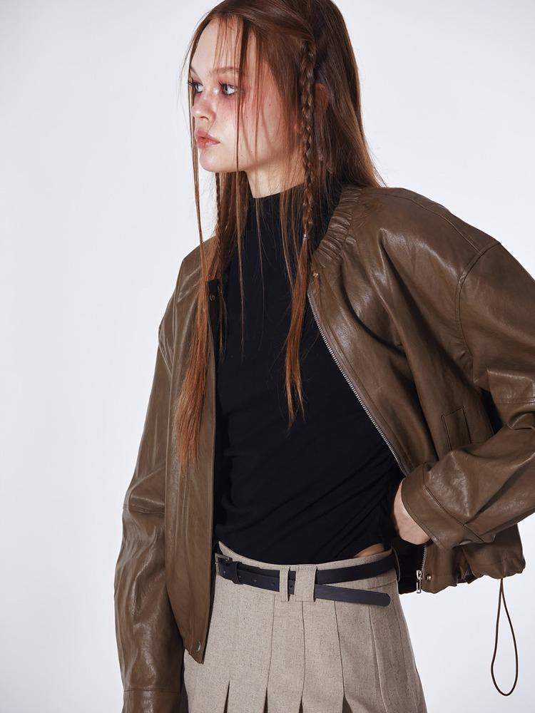 Banded Neck Oversized Leather Jacket (BROWN)