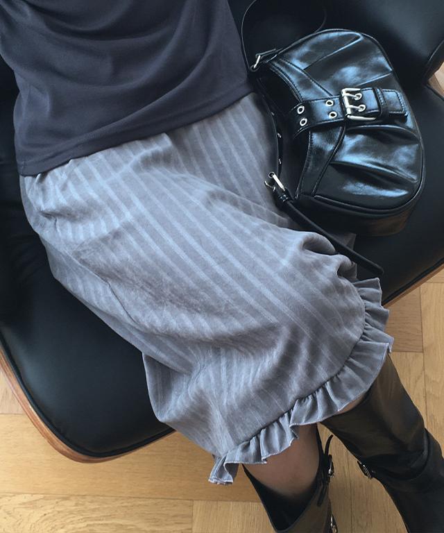 데일리쥬 모쥬 스트라이프 프릴 밴딩 미디 스커트