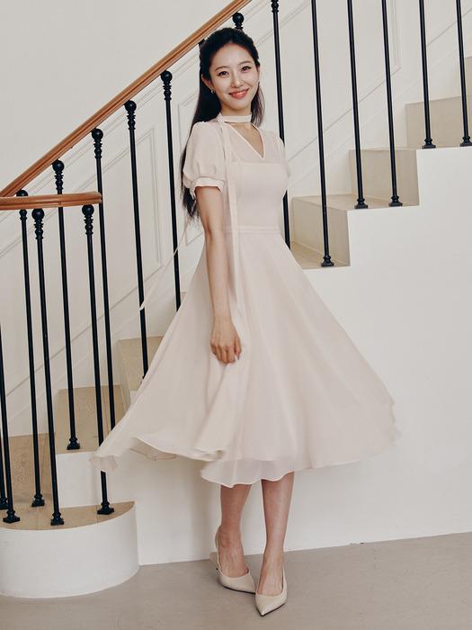 MICHAEL See-through V-neck ribbon tie chiffon long dress (Light beige/Black)