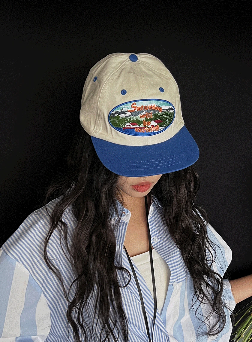 블루배색 자수 와이드캡